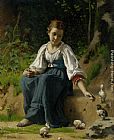 Francois Alfred Delobbe Young Girl Feeding the Baby Chicks painting